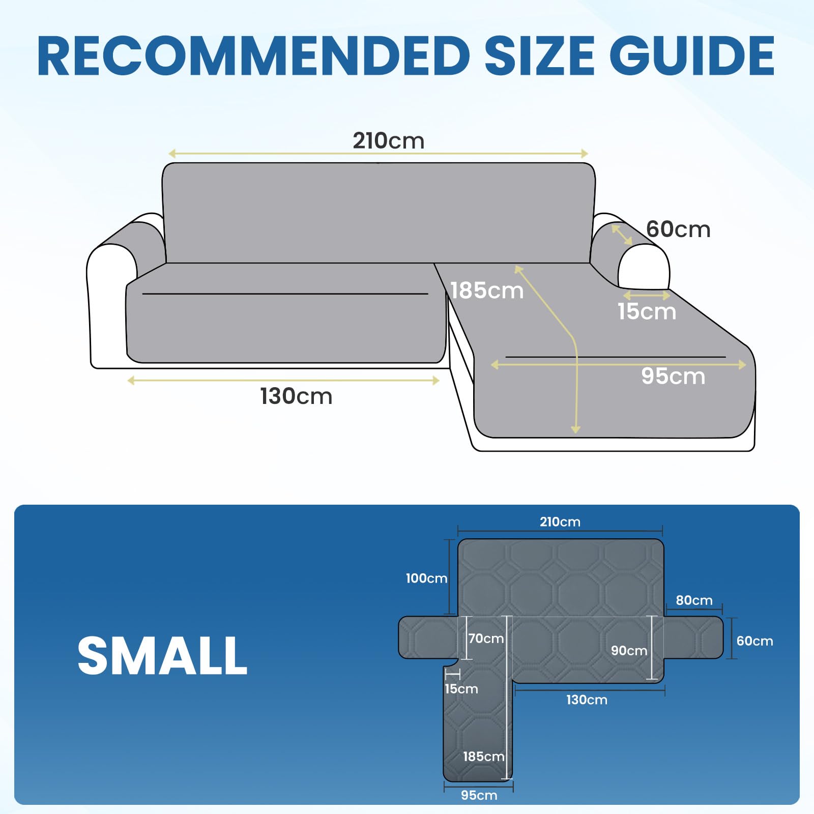 Ystyle Copridivano Impermeabile con Penisola 2 Posti (L 210 CM), Copridivano Angolare Destra/Sinistra Universale Reversibile, Copridivano Chaise longue Antigraffio Antimacchia, Blu Grigio