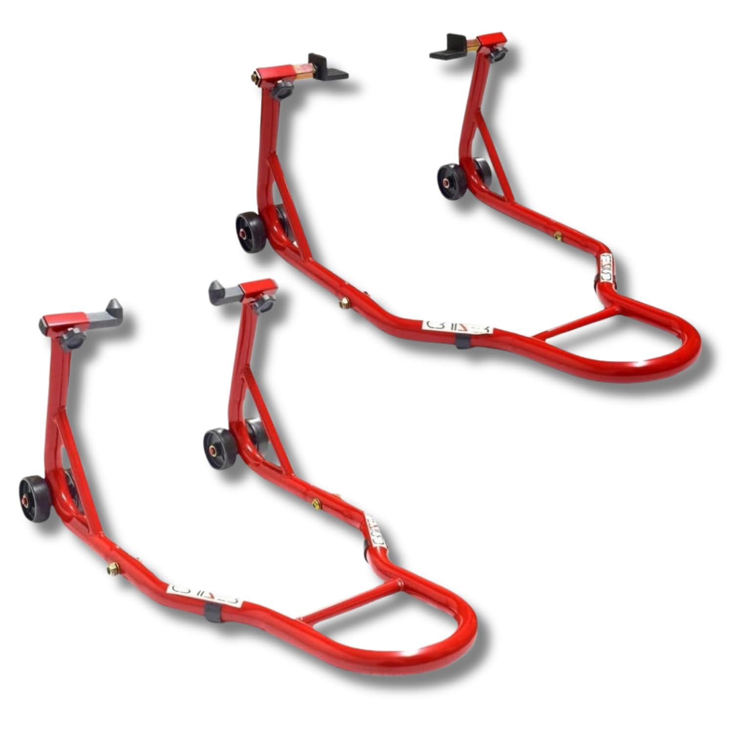 CRUIZER Caballete delantero para moto con enganches de conos + caballete trasero con placas ajustables con ruedas subyacentes, barras y refuerzos laterales. Carga máxima de 600 kg