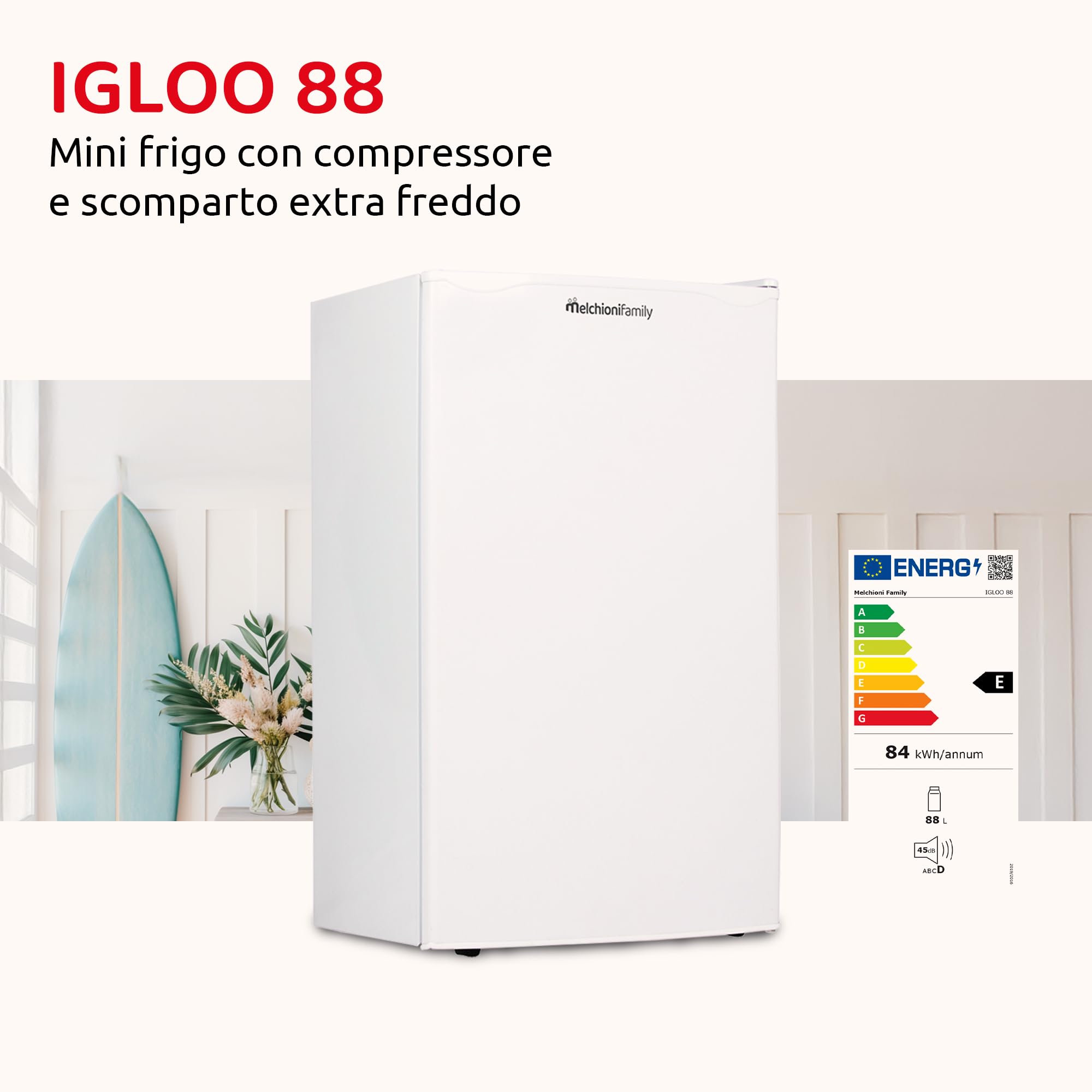 Melchioni Family IGLOO 88 mała lodówka z kompresorem i bardzo chłodną komorą, pojemność 88 l, kolor biały