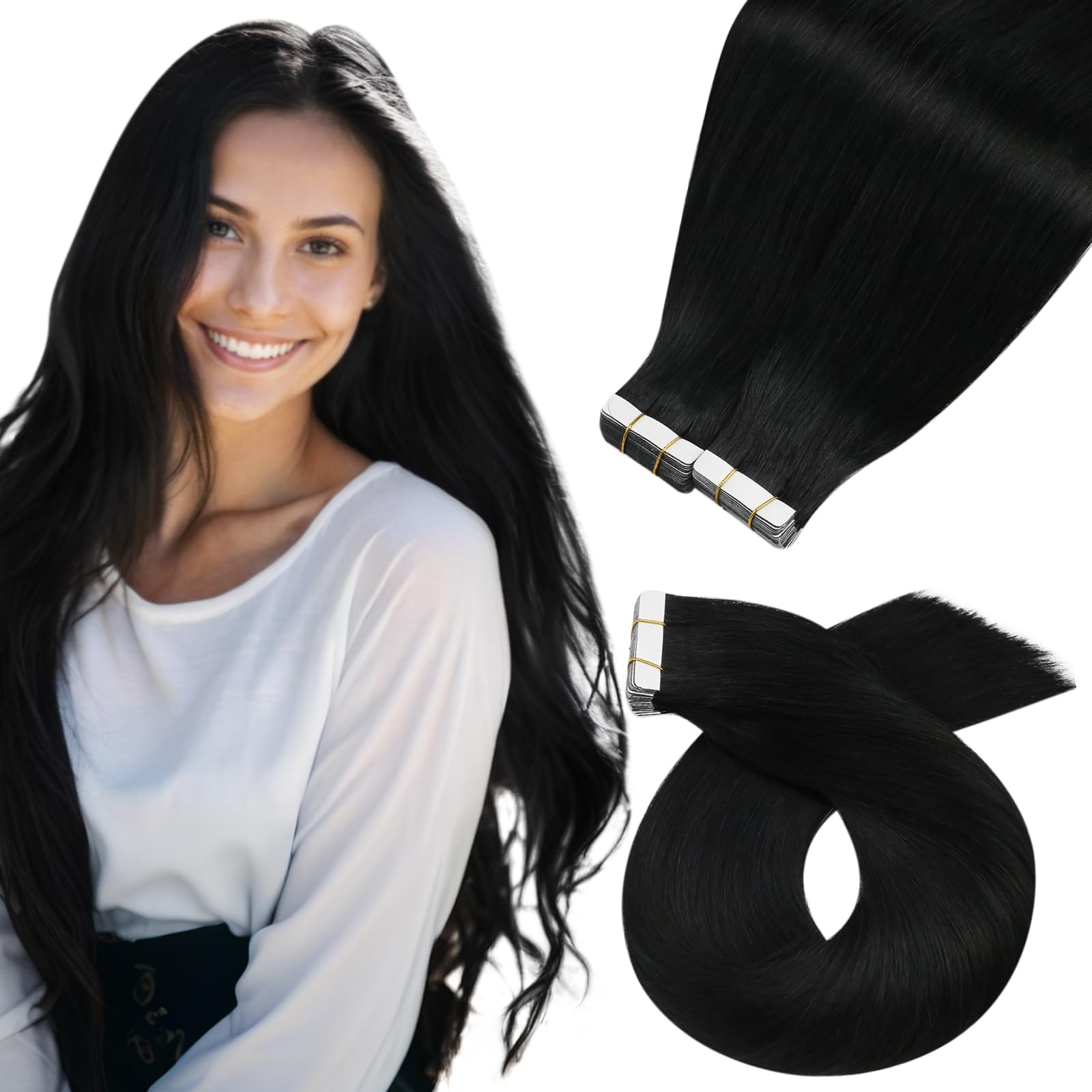 Moresoo Tape in Hair Extensions Human Hair #1 Jet Black Hair Tape in Human Hair Extensions Invisible Glue in Extensions Real Hair Straight 40 Pieces