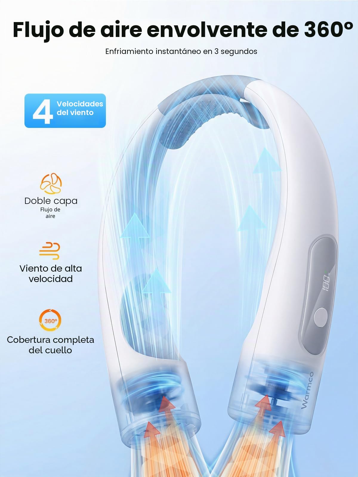 Warmco Ventilador cervical de 10000 mAh – Ventilador de cuello personal alimentado por batería, refrigeración de 360°, 4 velocidades, tiempo de funcionamiento de 24 horas, portátil para oficina