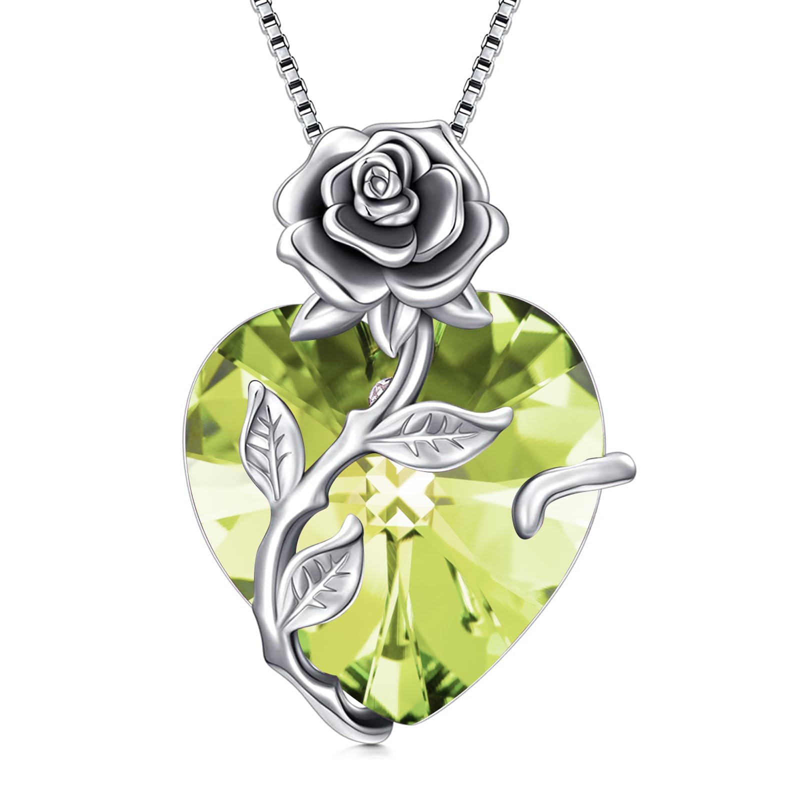 OCJ Birthstone Necklace for Women 925 Sterling Silver Rose Flower Heart Birthstones Pendant Necklace Fine Jewelry Anniversary Mothers Day Birthday
