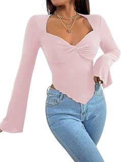 Avanova Women Bell Long Sleeve Going Out Crop Top Asymmetrical Hem