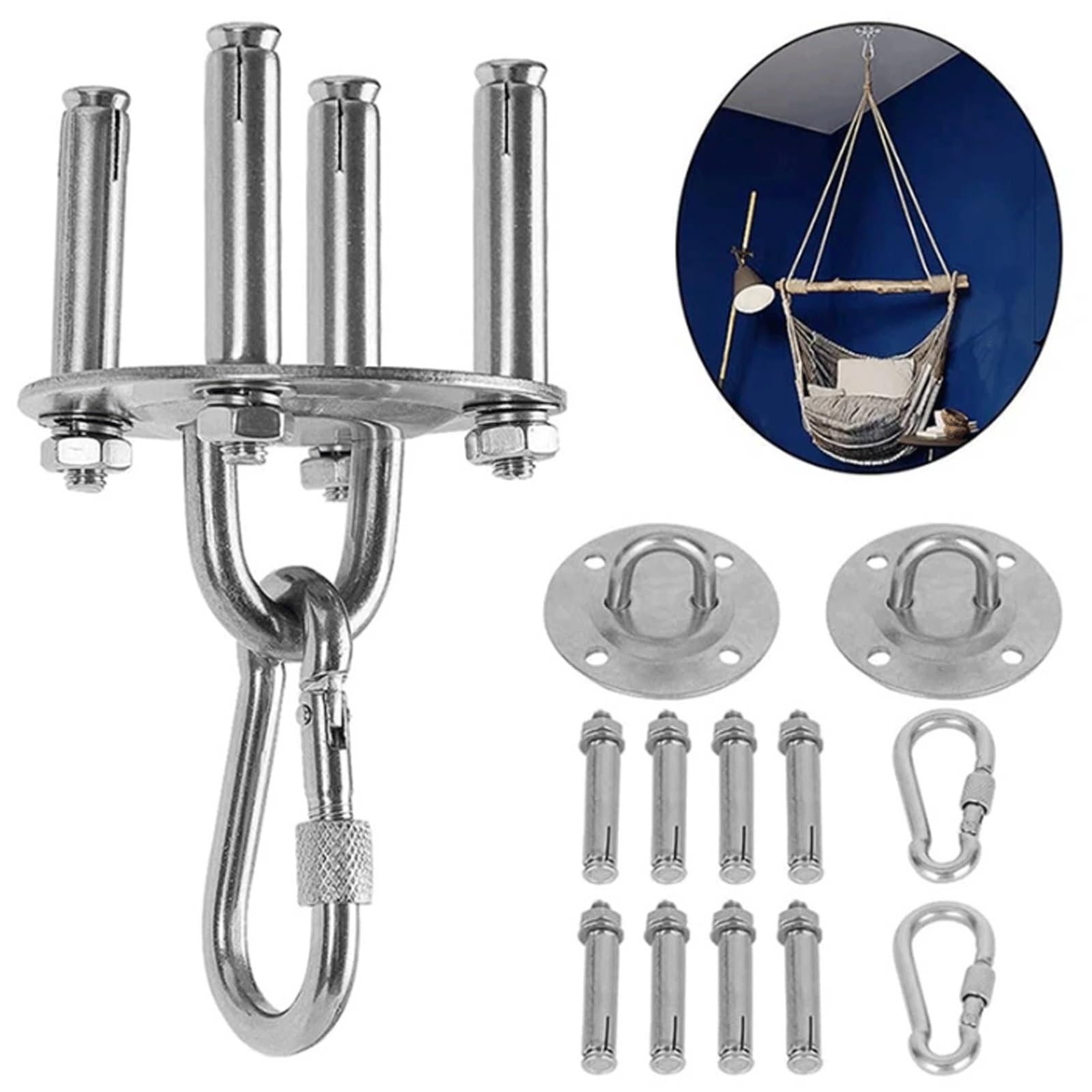 esmen Kit de herrajes for Colgar Columpios con 3 Ganchos, mosquetones y Tornillos for Yoga, hamacas gimnasios Interior