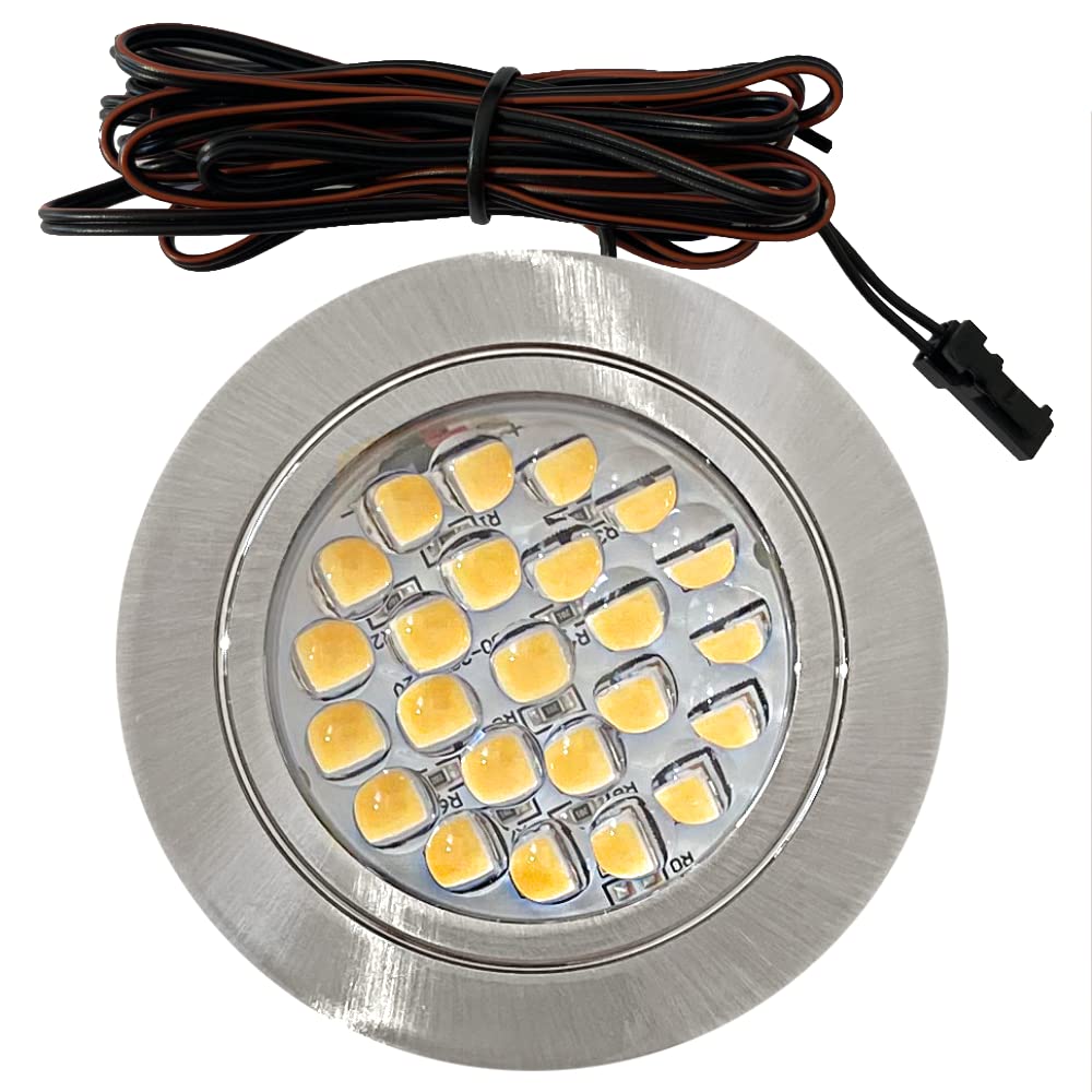 Generisch LED Schrankbeleuchtung 4er Set 12V – flache Einbaustrahler nur 12 mm – inkl. Trafo & Verteiler Plug & Play – Ø 58–61 mm – Möbeleinbauleuchten für Küche, Vitrine, Schrank & Regal