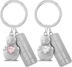 Pack of 2 Penguin Key Rings Holds Heart Lucky Charm Penguin Pendant Cartoon Ornaments Engraving Ein Leben Lang an Deiner Seite Animal Love Key Ring Gift for Couples Girlfriend Pink + Blue