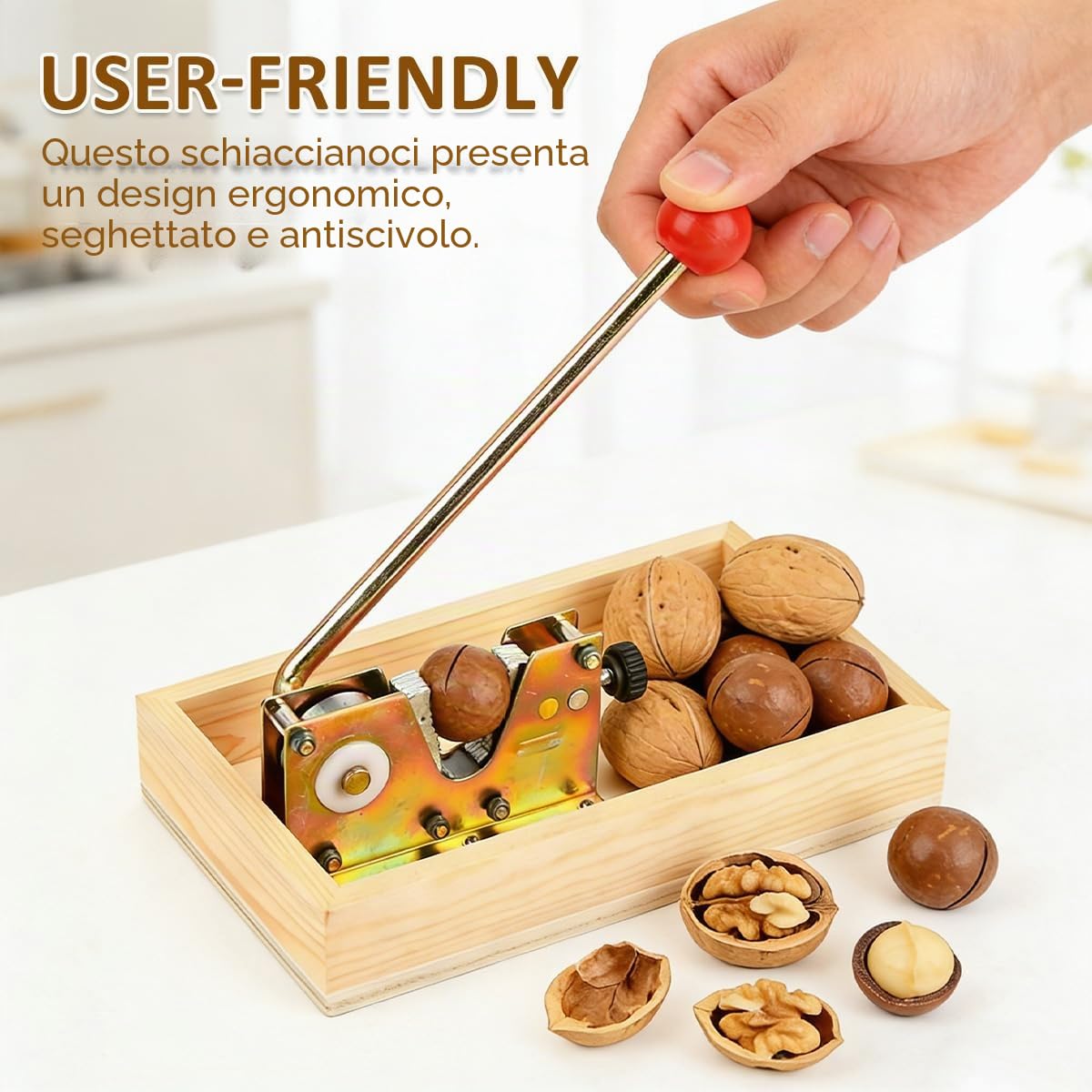 OctBird Schiaccia Noci e Mandorle Nut Sheller Tool, Schiaccia Olive in Legno, Schiaccianoci Antiscivolo Acciaio Inox Multifunzione Nut Sheller Tool, con 3 Aghi per Noci e 3 Spazzole