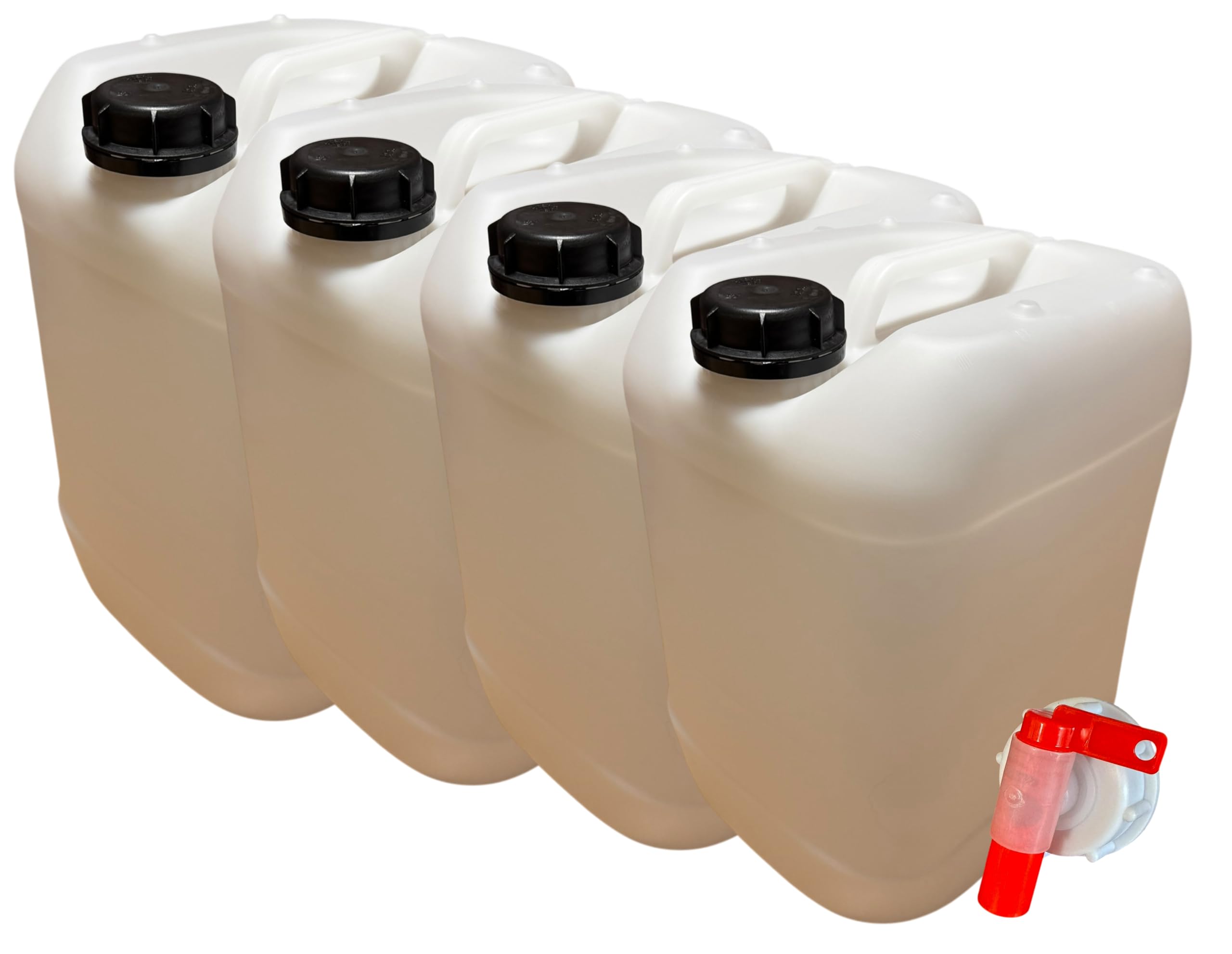 American Style — Lot de 4 Jerricans Bidons Plastique 20L PEHD — Bouchon DIN 61 + Robinet Verseur — Certifié Alimentaire & Homologué UN — Empilable