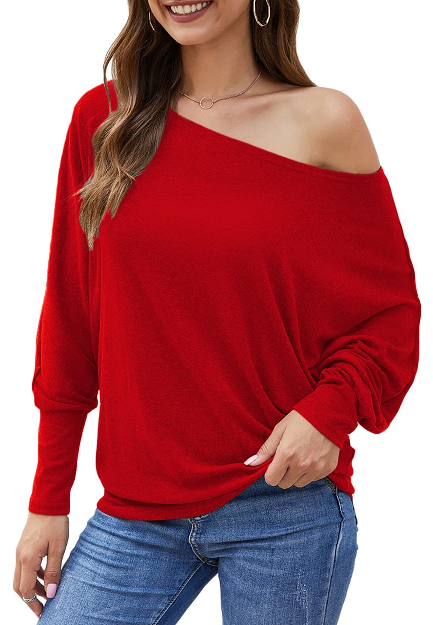Aifer Womens Off The Shoulder Tops Sexy Long Sleeve Shirts Oversized Fashion Casual Batwing Sweaters Pullover Tunic Tops