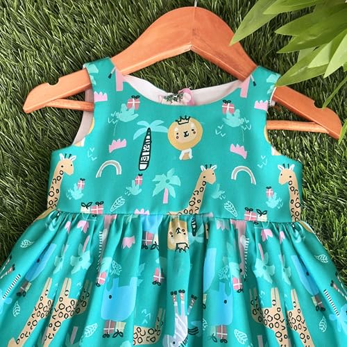 Image of Stanwells Kids Baby Girls Off-White Animal Print Cotton Rayon Knee-Length Frock | Sleeveless Summer Dress with Lion Print & Flared Back Zipper (6 Months-7 Years)