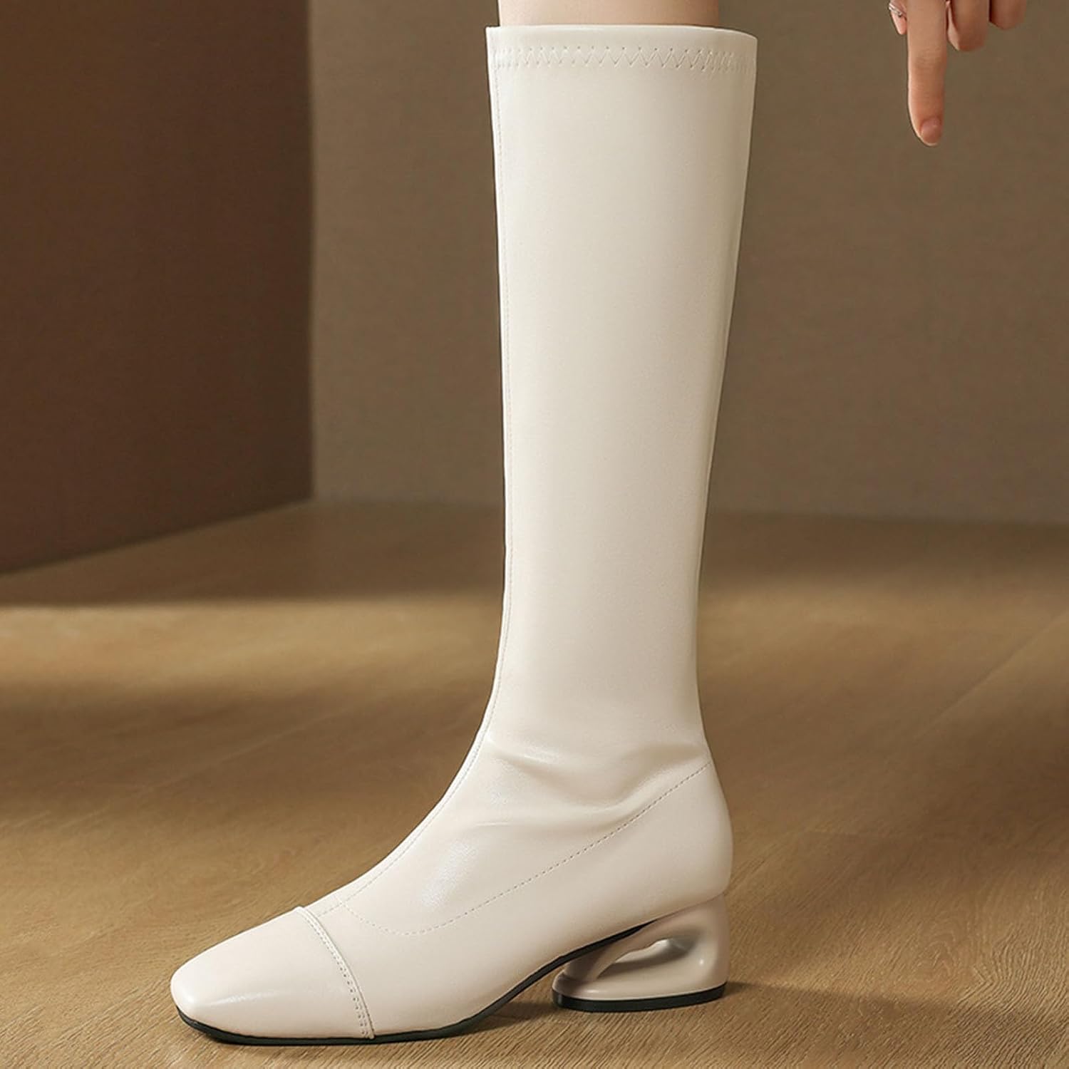 Fall Tall Boots for Lady:Elegant Leather Zipper Knee Length Booties Comfy Lightweight Winter Warm Footwear Work Outdoor Party Wedding