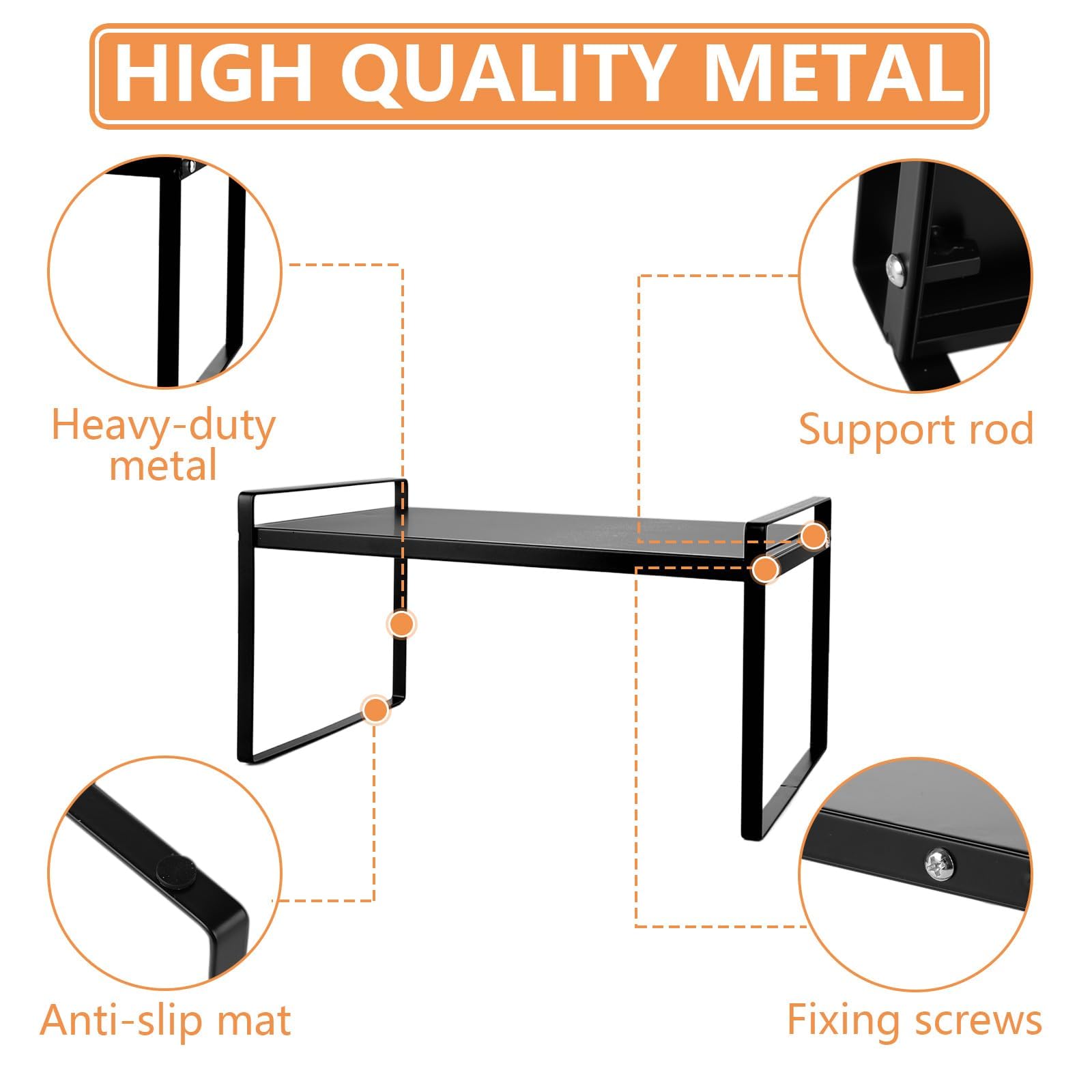 WOPPLXY Erweiterbarer Küchenschrank Organizer, 36-60 x 21 x 18 cm Verstellbarer Küchenregal Arbeitsplatte, Schwarz Metall Regaleinsatz für Küche Theken, Speisekammer und Badezimmer