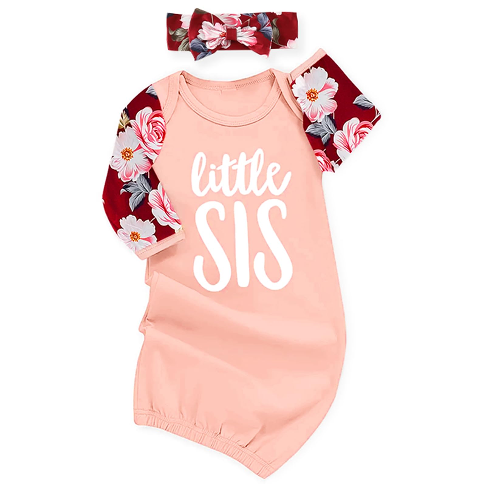 AMAWMW Newborn Baby Girl Little Sister Sleeper Gown Stripe Long Sleeve Nightgown Pajamas Gifts Stuff Essential Outfit A Pink Vintage Flower Sleeve 0-6 Months