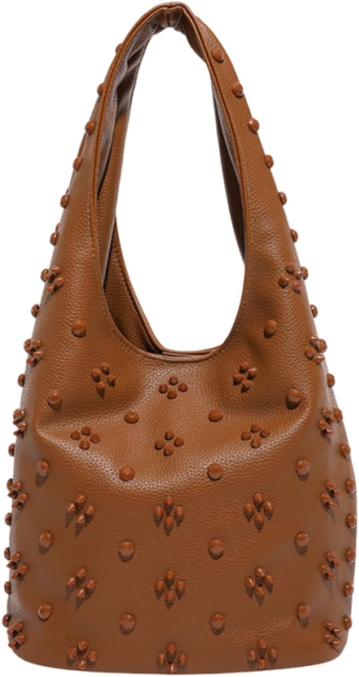 CORIOS Women's PU Leather Handbag Fashionable Stud-Embellished Shoulder Underarm Bag Small Capacity Bucket Top Handle Bag