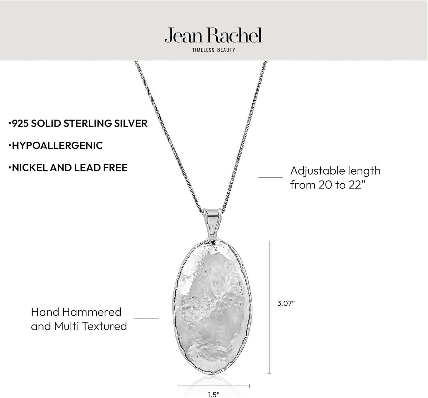 JEAN RACHEL JEWELRY 925 Sterling Silver Necklace - Hammered Oval Pendant Vintage Necklace for Women, Hypoallergenic, Lead & Nickel Free Jewelry Collection - Image 5