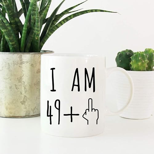 Miniatura 2 de Andaz Press Divertida taza de café de 11 onzas, regalo de broma de cumpleaños, I Am 49 + 1 dedo medio, 1 paquete, ideas de regalo de cumpleaños 50