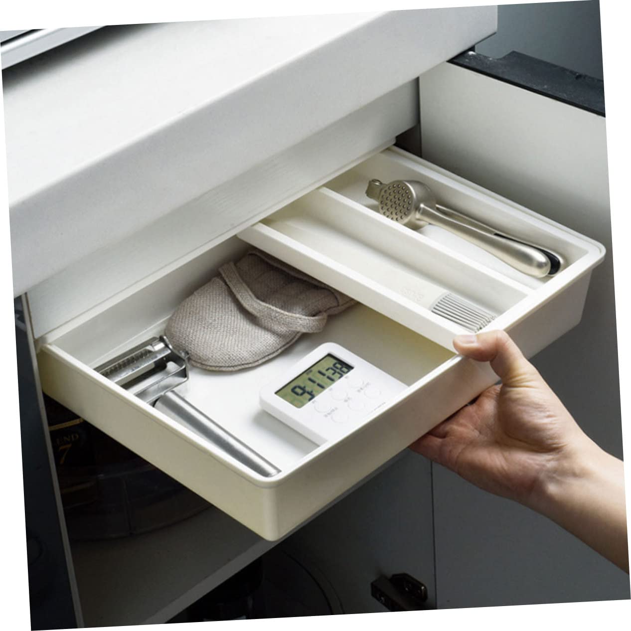 Organizer Nascosto per Cassetto Sotto Scrivania in Plastica Resistente Grande Capacità per Cancelleria e Accessori Ufficio Compatto e Facile da Installare Bianco
