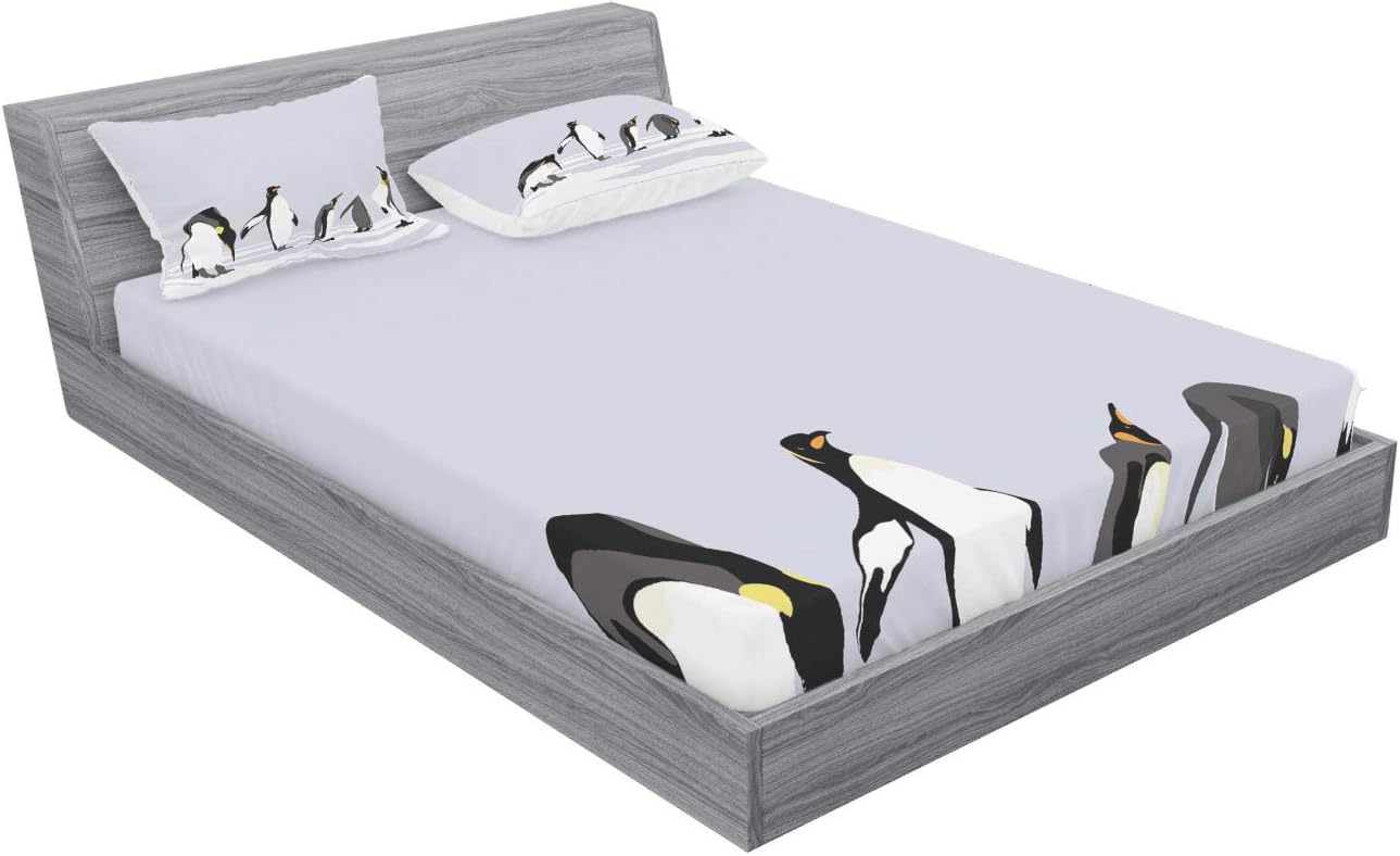 Ambesonne Animal Fitted Sheet & Pillow Sham Set, Penguins on Polar ICY Land Winter Climate Arctic Cold Season Creatures Print, Decorative Printed 3 Piece Bedding Decor Set, Full, White Lilac