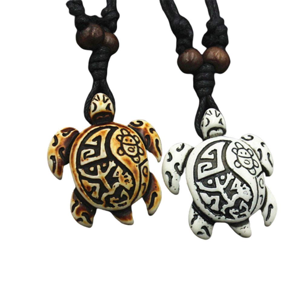 Aineecy Vintage Sea Turtle Necklace Pendant Resin Acrylic Tortoise Engraved Bone Leather Wax Rope Necklace for Unisex 2Pcs/set(02)