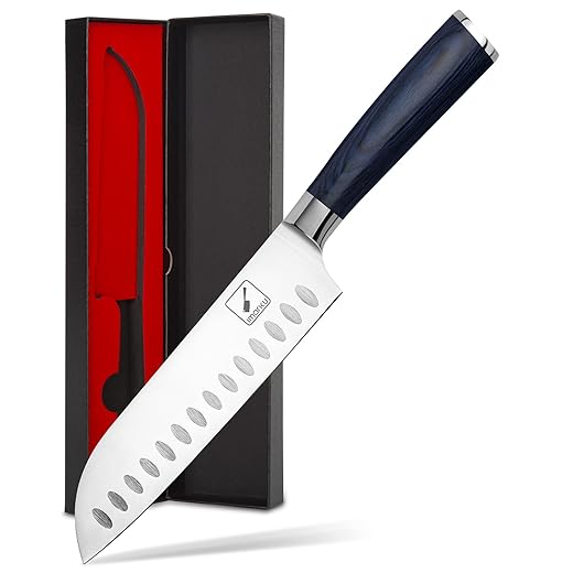 imarku Japanese Chef Knife, Ultra Sharp Santoku Knife 7 Inch, Professional Grade Powder Steel Forged Kitchen Knife, Pakka Wood Ergonomic handle, Gifts for Women and Men