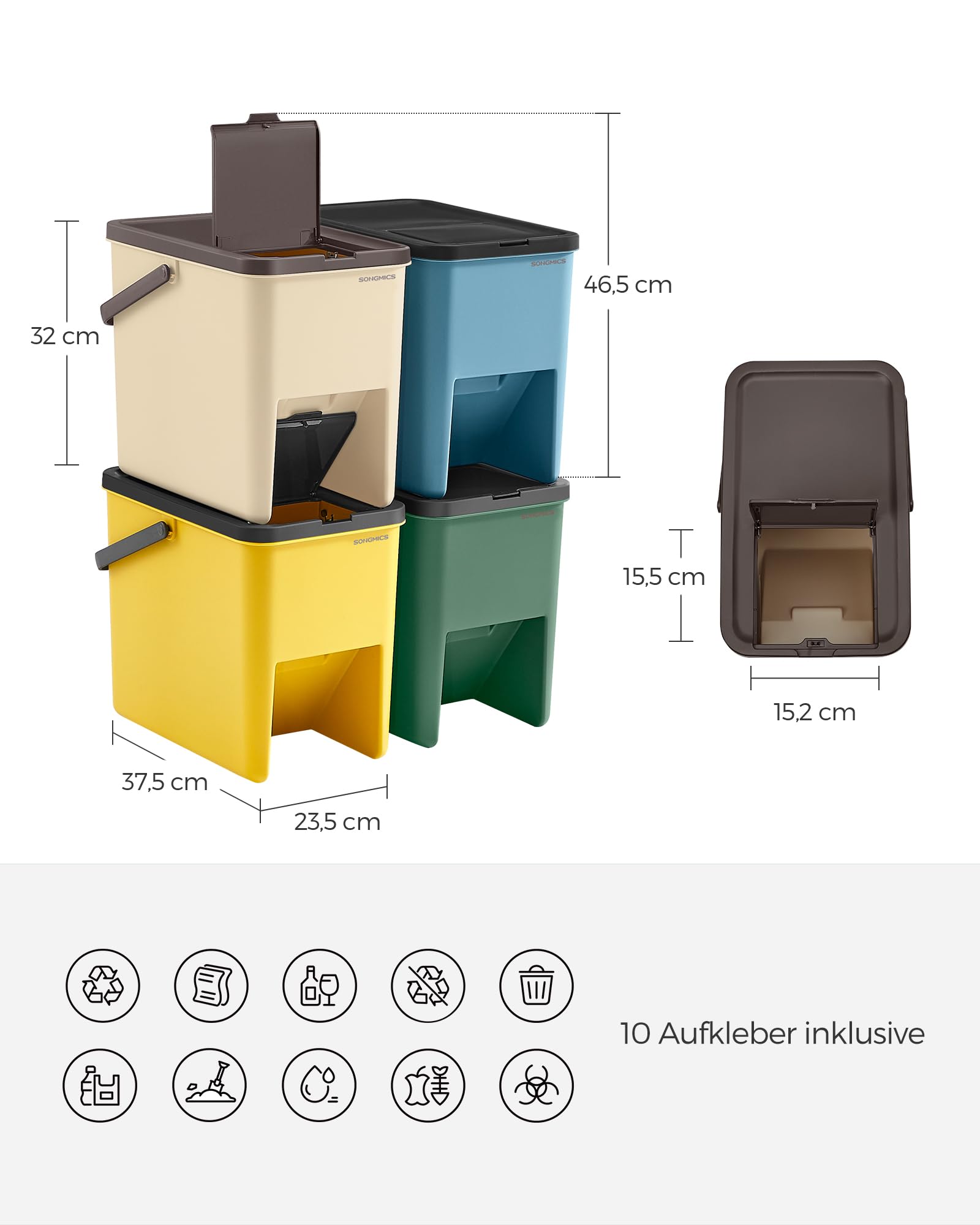 SONGMICS Mülleimer Küche, 4er Set Abfalleimer, Mülleimer stapelbar, je 20 L, Mülltrennsystem, Klappdeckel, mit Aufklebern, Aufbewahrungsbox, gelb, blau, beige und grün LTB760Q01