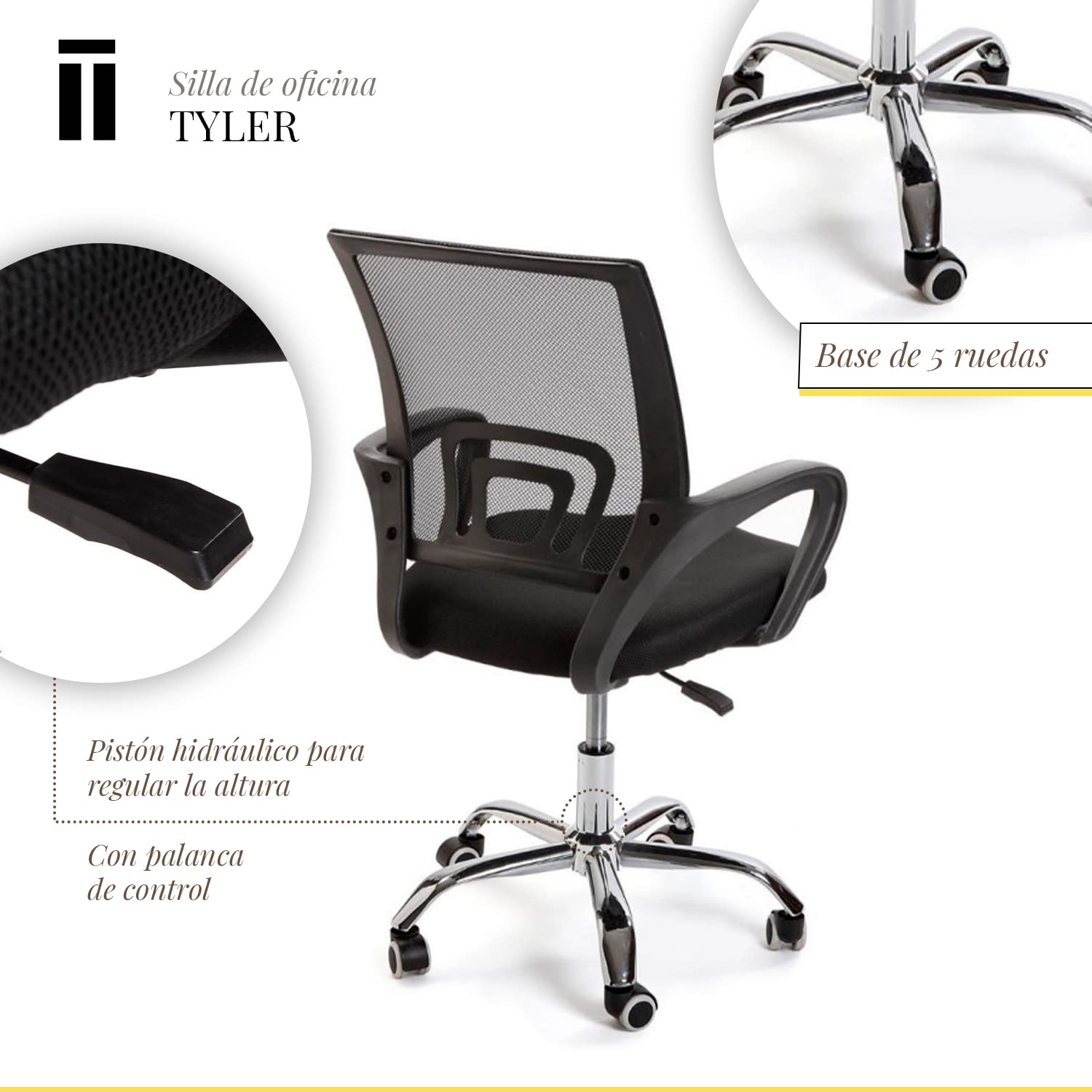 SHIITO | Silla giratoria de Oficina | Soporte Lumbar | Malla Transpirable | Modelo Tyler - BY017 | Color Negro - 96 x 48 x 59
