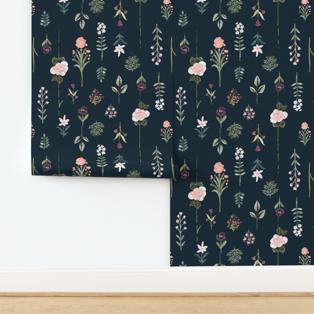 Removable Wallpaper 3ft x 2ft - Flower Midnight Floral Vintage Rose Blush Sage Custom Pre-Pasted Wallpaper by Spoonflower