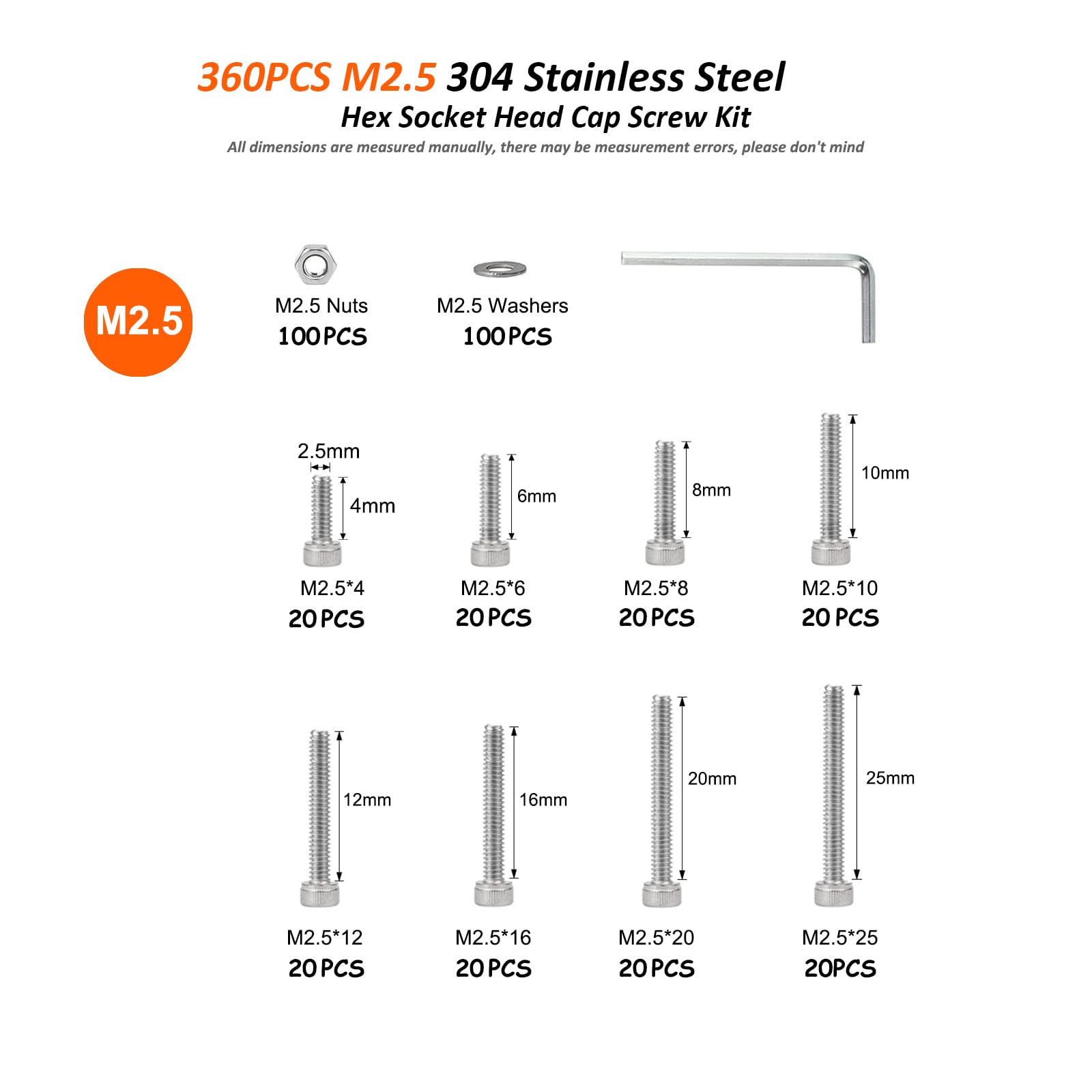 DTGN 452Pcs M2-0.4x3/4/5/6/8/10/12/16/20mm Button Head Socket Cap Screws - 304 Stainless Steel Bolt Nut Set Washer Assortment Kit - Good For Road Bicycle, Mountain Bike, Auto