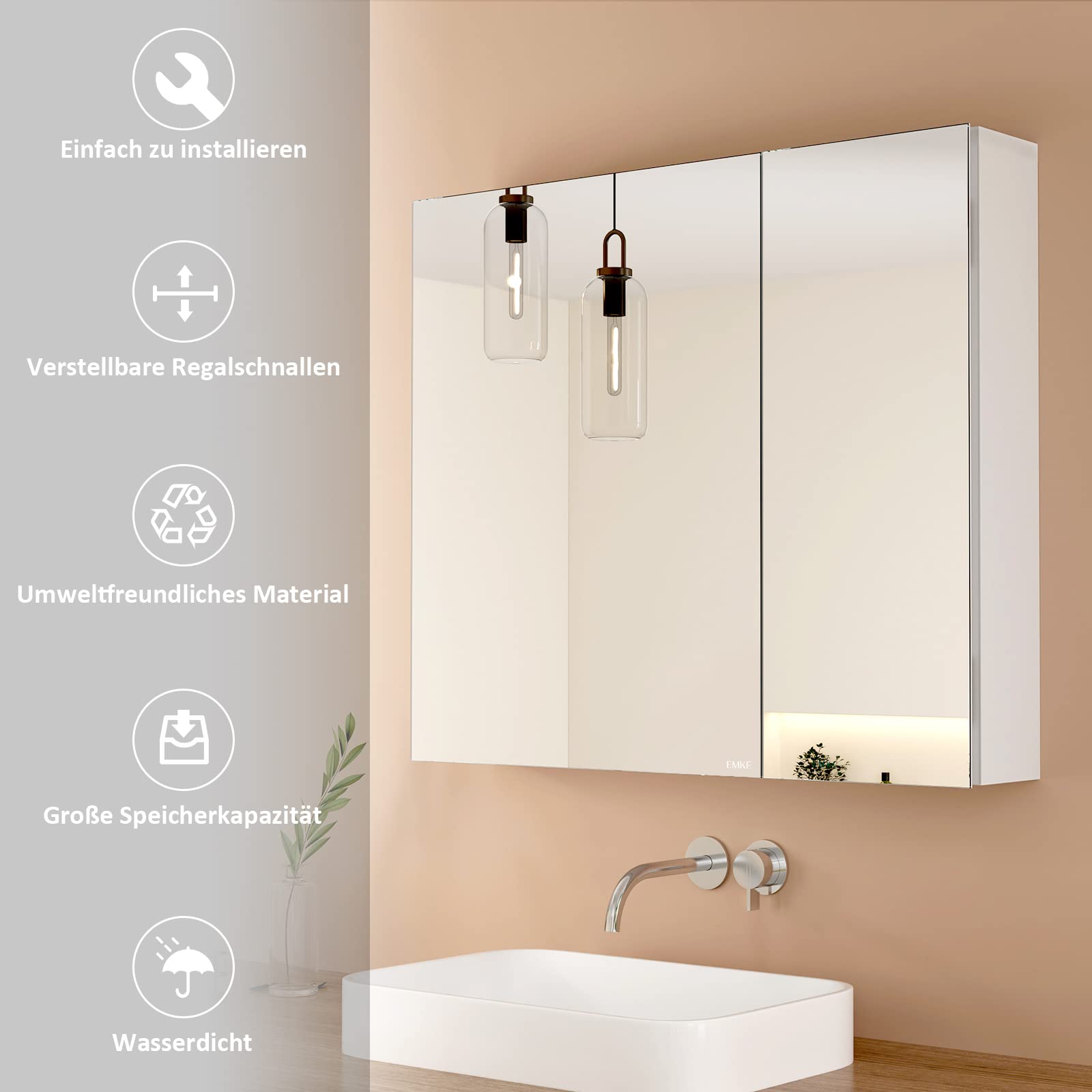 EMKE Spiegelschrank Bad, Badezimmer Spiegelschrank mit Spiegel, 75x65cm Badschrank Wandschrank mit höhenverstellbaren Glasablage (Weiß Mattiert)