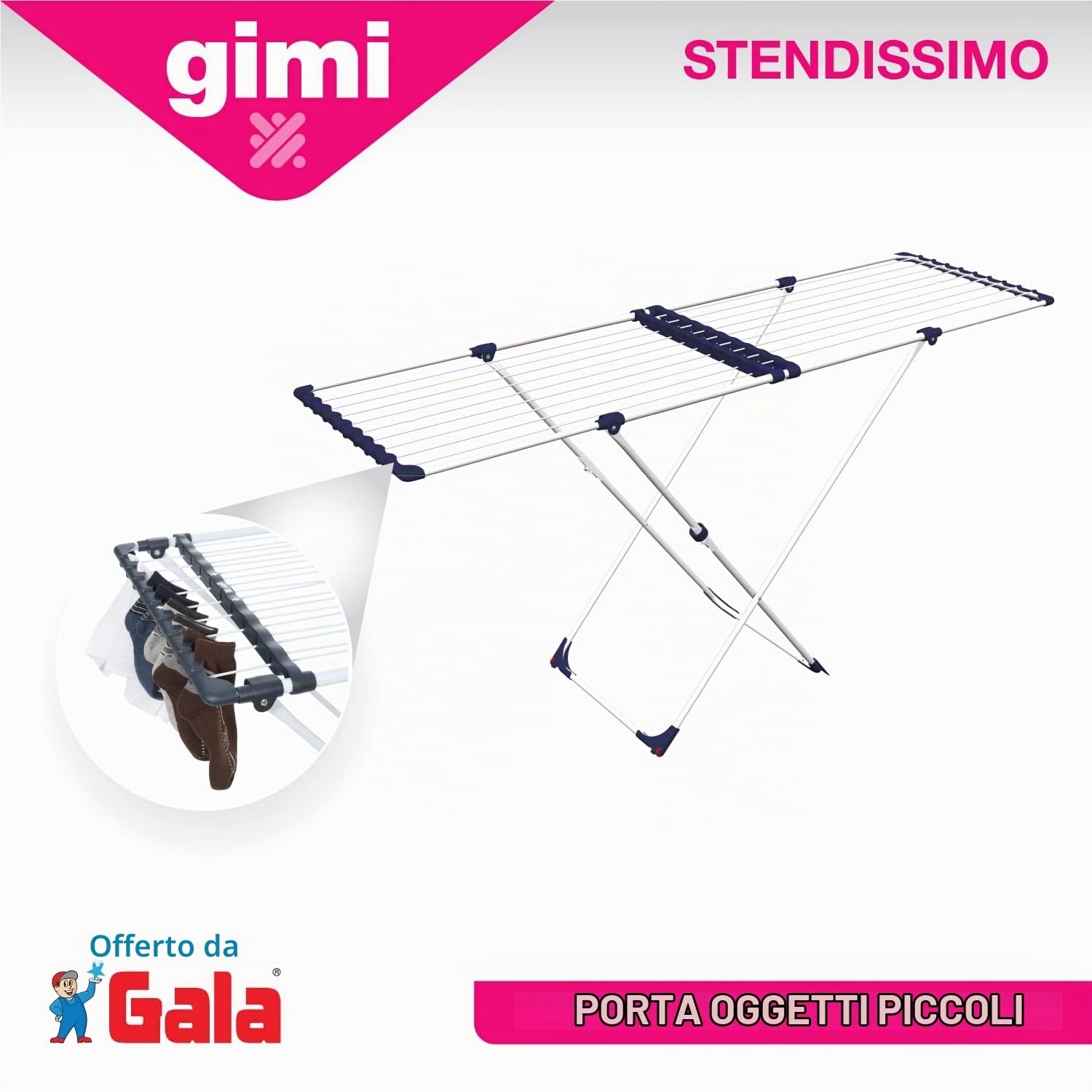 GIMI Stendissimo Stendibiancheria da Pavimento, Stendino Estensibile, a Cavalletto, Spazio di Stenditura 20 m, con Ruote, Acciaio, 185.5 x 57 x 93 cm