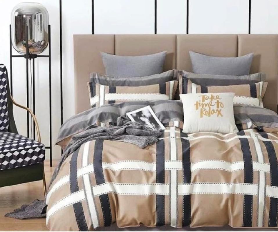 Image of Polycotton Double Bed Bedsheet, Flat Sheet with 2 Pillow Covers, Queen (90x100 inch), 300 TC, Grey & Cream, Set of 3