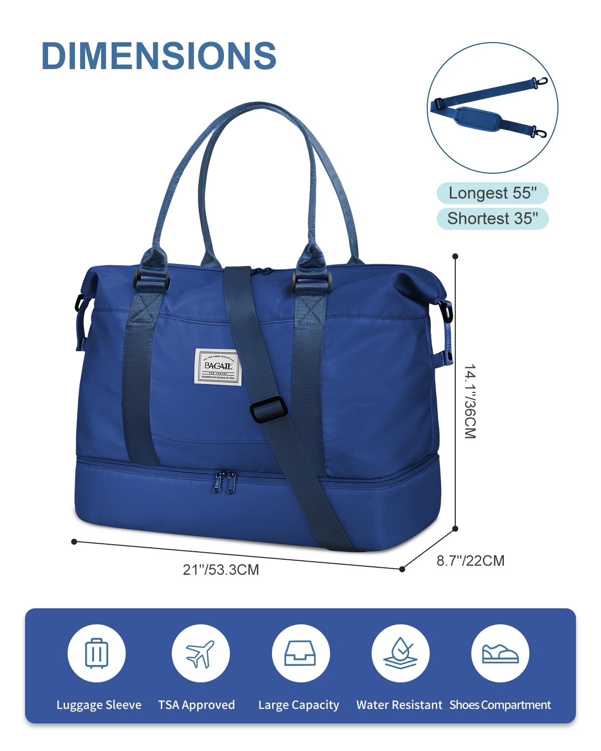 BAGAIL Travel Duffel Bag - Weekender & Overnight Gym Carry On Tote with Wet Pocket, Mom Bag for Labor and Delivery, A-Navy Blue, Extra Large Set, Travel Bag Upgraded + Toiletry Bag