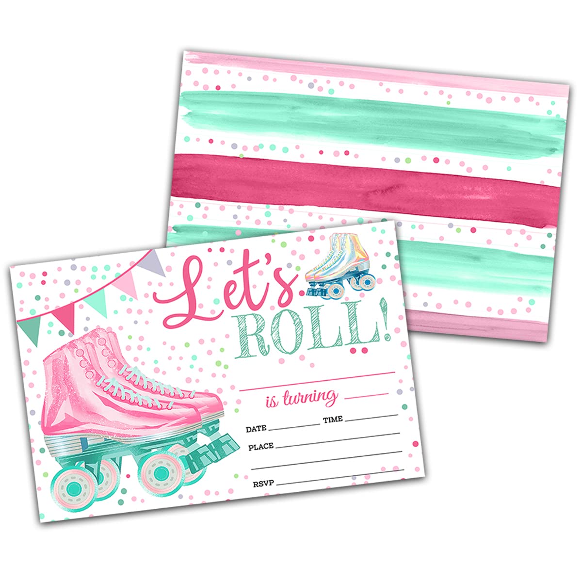 NYCTUG Let's Roll Birthday Fill-In Invitation(4" X 6"), Roller Skate Birthday Party Double-Sided Invites- 20 Invitations With Envelopes-Party