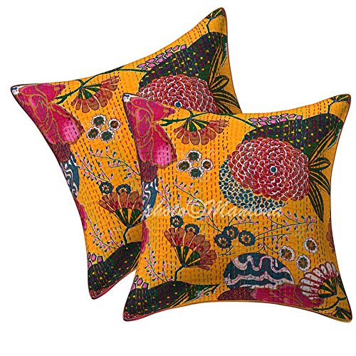 Maniona Crafts Christmas GiftKantha Work Cotton Handmade Cushion Cover 16 X 16 Boho Throw Pillow