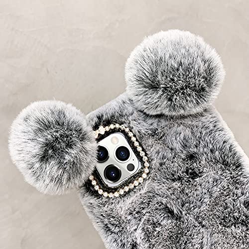 Luvi Compatible With Iphone 13 Pro Max Case Cute Plush Furry Fuzzy For Women Girls 3D Fluffy Ball Bunny Rabbit Fur Hair Girly Cartoon Bear Ear With Bling Diamond Camera Protection Phone Case Gray #TOP2