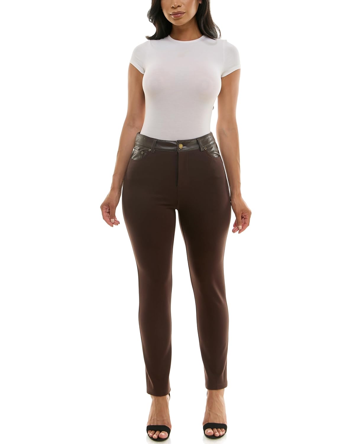 Zac Rachel Womens Fly Front Slim Leg Compression Ponte Pant with Pleather Trim and Functional Pocket