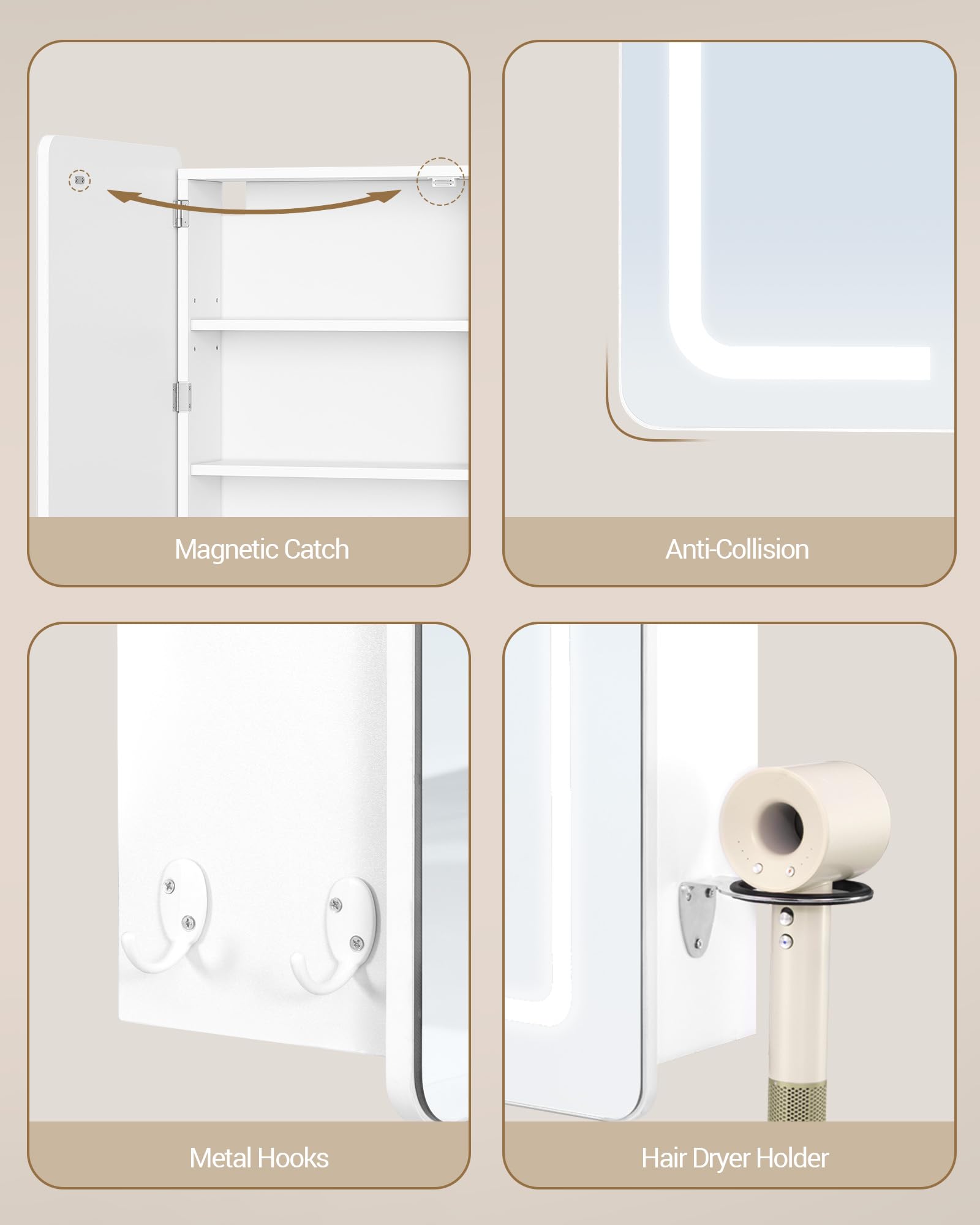 Hzuaneri Armario Espejo Baño, Armario Baño Pared con Espejo y Luz LED, 3 Temperaturas de Color Regulables, Estantes Ajustables, 16,5 x 50 x 70 cm, Blanco MC30103XEU