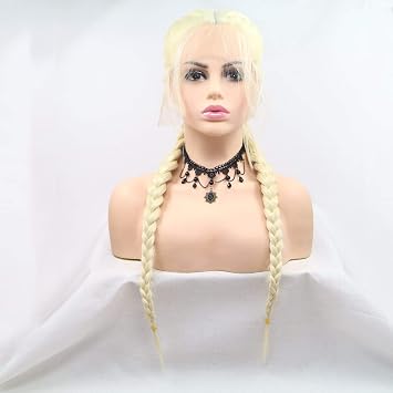 xiweiya Braided Wig Blonde 613# Double Braids Synthetic Lace Front Wig with Baby Hair Platinum Blonde Heat Resistant Fiber Middle Part for Women Cosplay Makeup 24 Inches