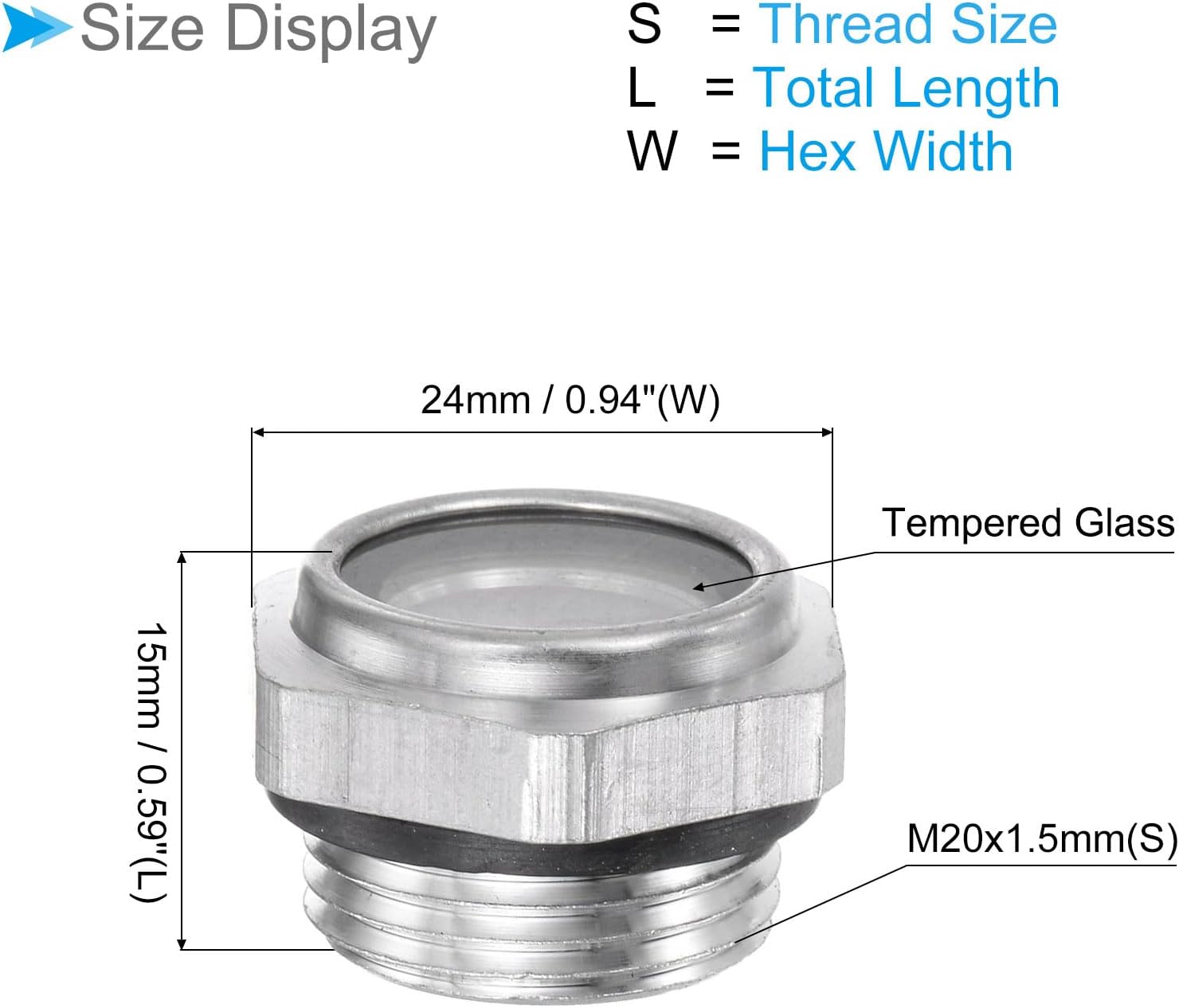 Air Compressor Oil Sight Glass, | M20x1.5mm Male Thread | Aluminum Hex Head Oil Liquid Level Indicator Glass Window - (Applications: for Gearbox Fittings), 1-Piece