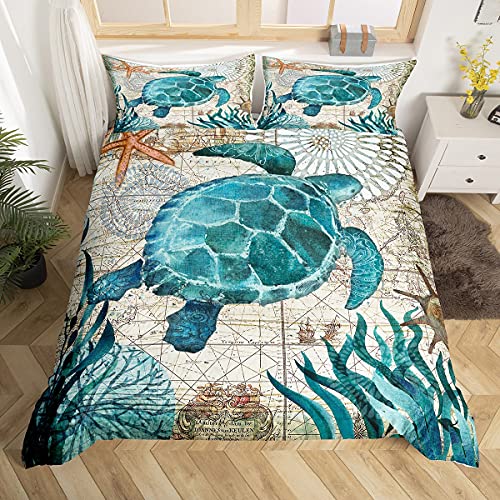 Loussiesd Double Duvet Cover Set Turtle Sea Animal Pattern Quilt Cover Set 3D Print Lightweight Soft Microfiber Kids Ocean World Bedding Sets with Zipper Closure 3 Piece (200x200cm)