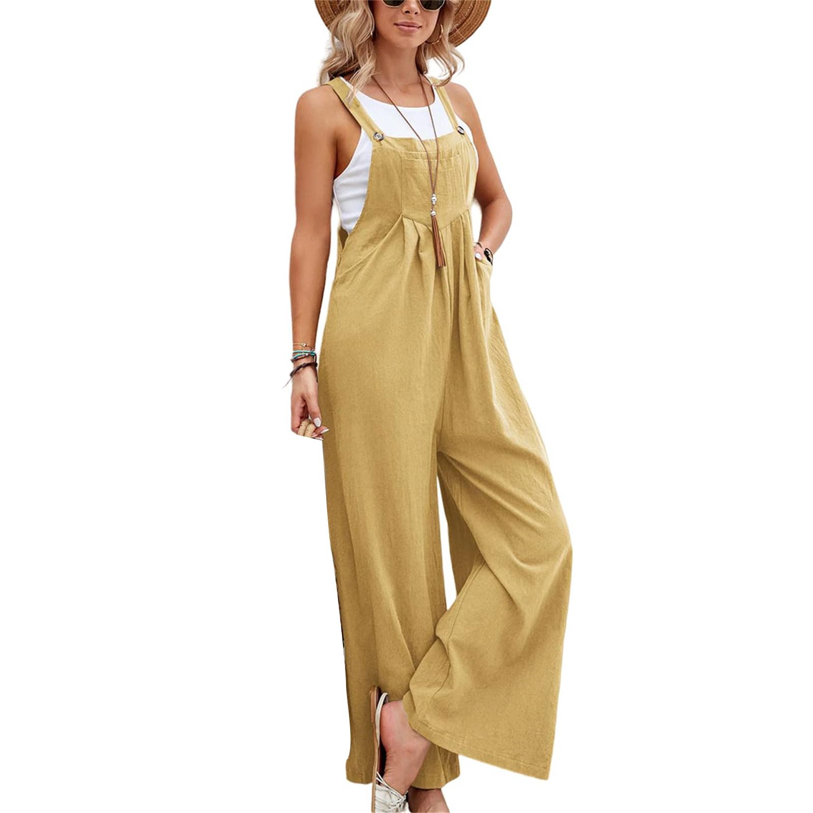 Kubbon Womens Wide Leg Jumpsuits Sleeveless Straps Bib Overalls Summer Baggy Casual Pants Rompers Overalls with Pockets