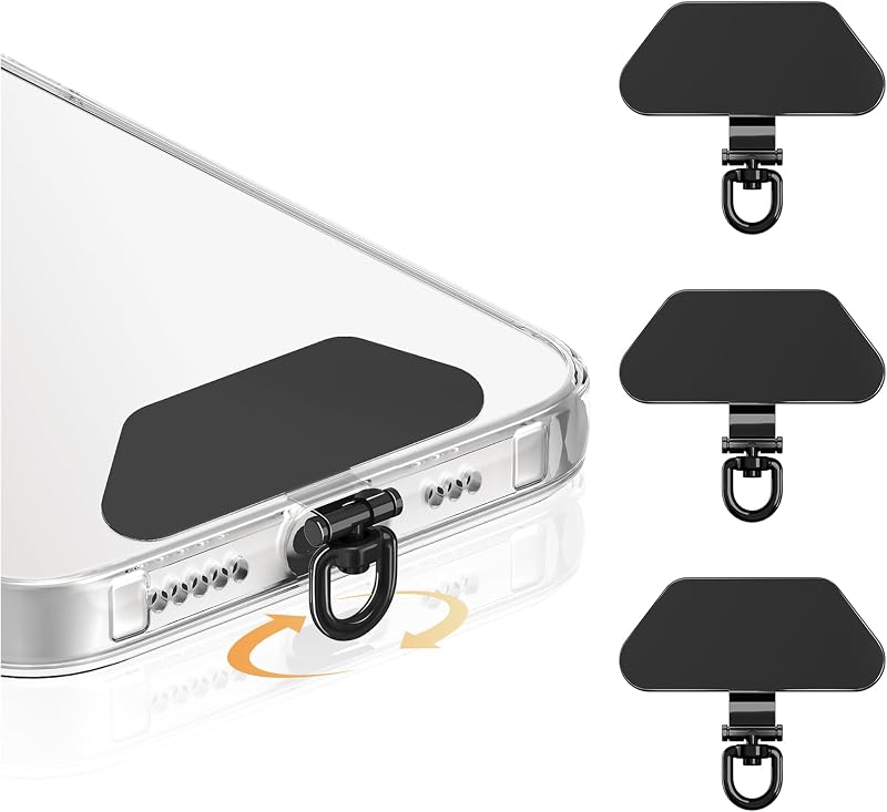 Pestaña de sujeción para teléfono de metal, Pestaña de cordón para teléfono giratoria ultrafina de 360° | Adaptador de correa de parche para cordón de teléfono celular, correa de muñeca ultrafina para teléfono Compatible con teléfonos inteligentes iPhone y Android, paquete de 3, negro