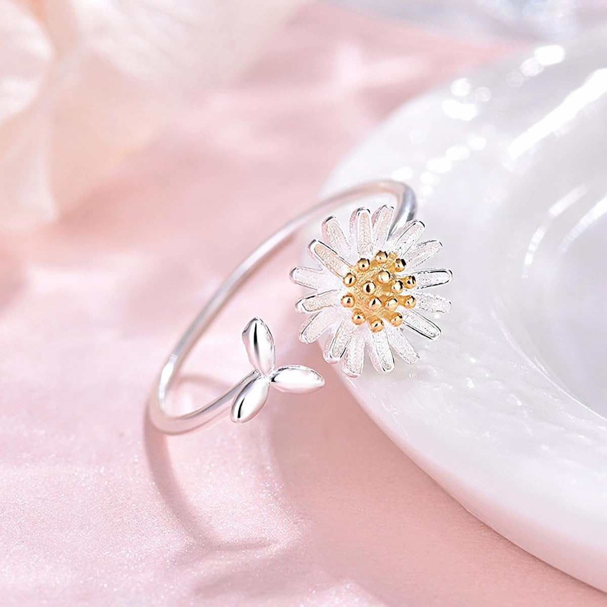 Sterling Silver Daisy Flower Ring for Women Engagement Party Open Adjustable Ring Gifts for Teen Girls - Image 4