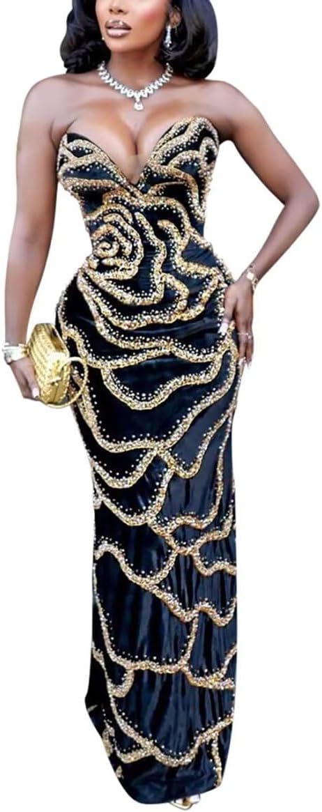Women's Sexy Sequin Sleeveless Off Shoulder Cocktail Club Party Evening Maxi Dress
