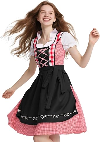 Oktoberfest Costumes Women with Apron, Red and White Checkered German Dirndl Dresses, October Festival Outfit