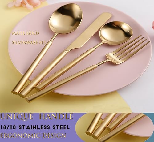 Miniatura 4 de Juego de cubiertos dorados mate de 20 piezas, acero inoxidable 1810 para 4, cubiertos dorados gruesos y resistentes con mango redondo, juego de