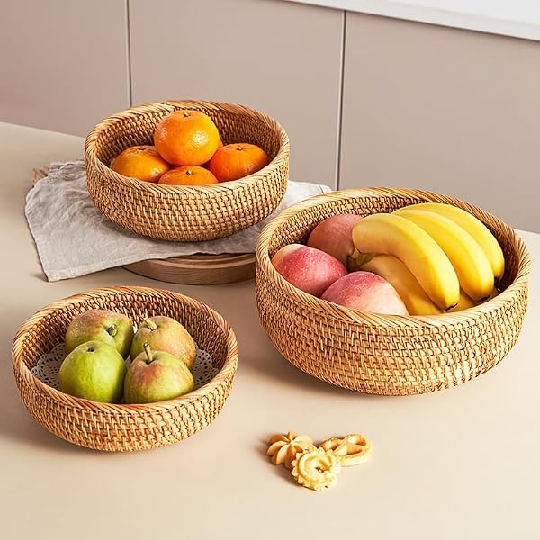 Rattan Bread Basket, Hand Woven Fruit Basket, Wicker Serving Basket Bowl, Decorative Baskets for Kitchen Counter Organizing, Set of 3 (Round) by XIMISISE - Image 3