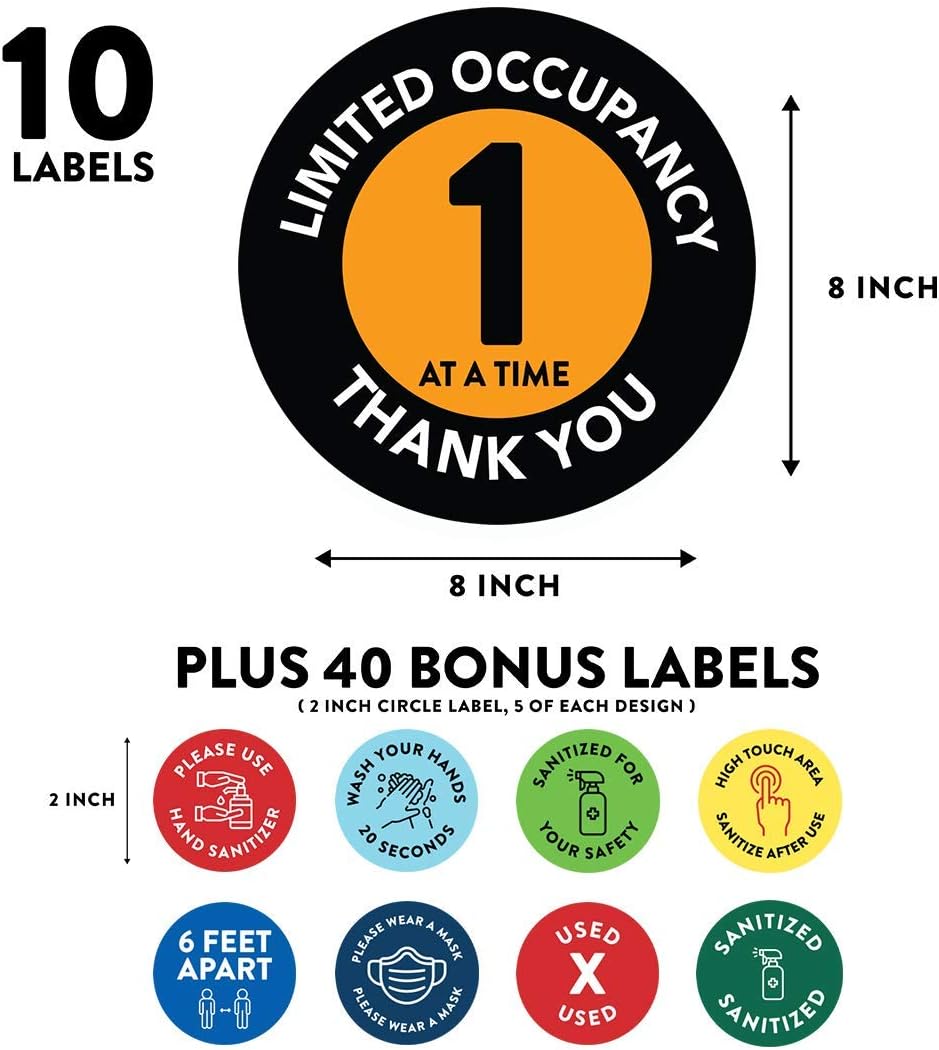 Andaz Press Building Bathroom Office Social Distancing Maximum Occupancy Limited Occupancy 1 at A Time Business Signs, 50 Labels, 10-Pack 8" Round Labels + 40-Pack 2" Circle Vinyl Sticker Decal