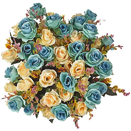 Moomass 4 Bunches Of Artificial Roses. 48 Small Roses. Plastic Silk Flower .Suitable For Plant Decoration Of Family Hotel Wedding Christmas.（Peacock Blue） #TOP4