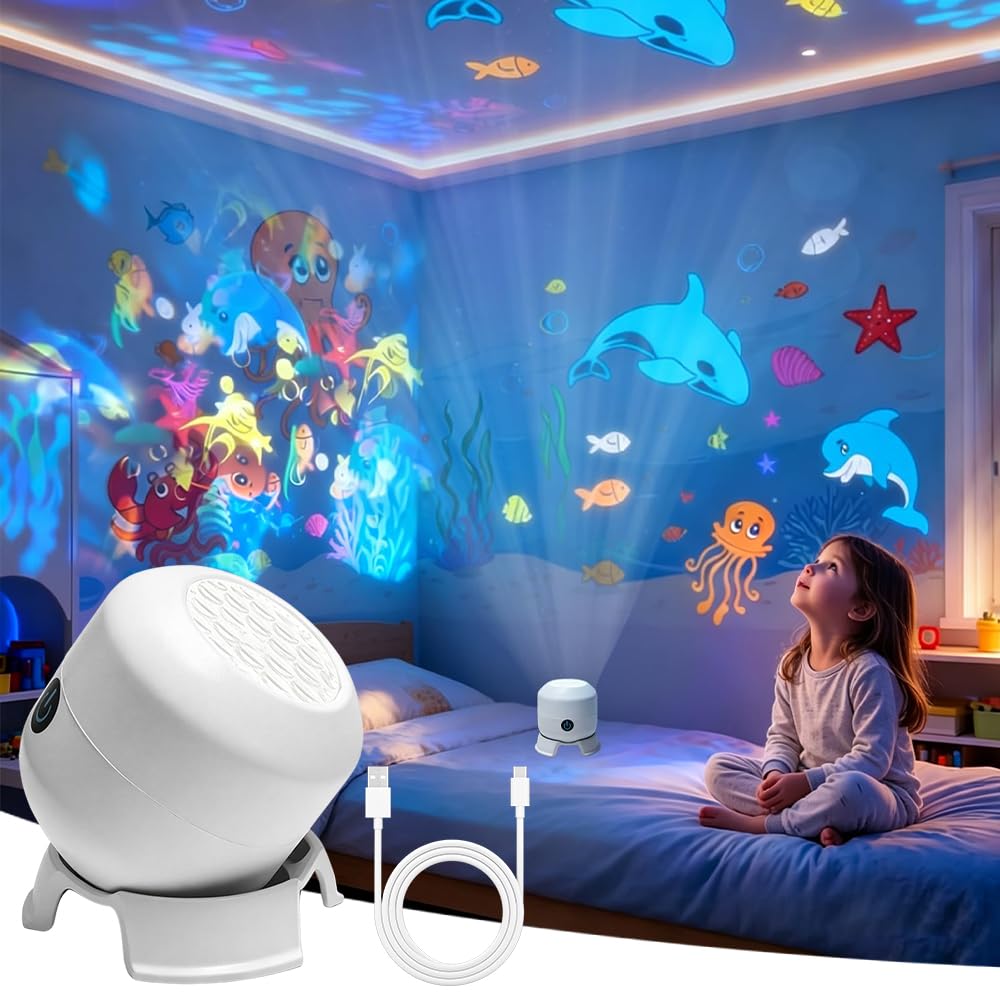 Foreverup Dynamic Rotating LED Projector Light, Colorful Rotating Projection Light, Dynamic Ambient Light Strip Base, Ocean Projector with 360° Rotation, Rechargeable Dimmable for Bedroom, Party, Home